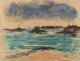 SIGNED, ABSTRACT COASTAL SCENE by Mette Kornbeck, watercolor on paper, sold Apr 2024