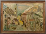 ALPINE VILLAGE SCENE by Lydia Lessner, oil on canvas, sold Apr 2024