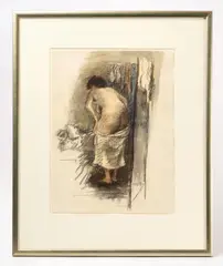 Behind Screen by Raphael Soyer, charcoal and watercolor. Signed to LR, sold Sep 2026