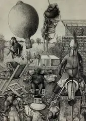Landscape with Seventeen People and One Balloon by David H. Becker, Engraving, sold Nov 2021