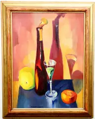 Bottle + Fruit by Richard Rogers, Oil on canvas, sold Dec 2021