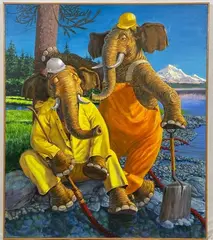 People Spill by Tom King, Oil on canvas, sold Feb 2022
