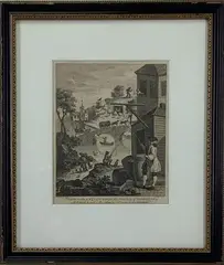 Untitled by William Hogarth, Engraving of European village scene with several figures and buildings, sold Feb 2022