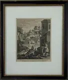 Untitled by William Hogarth, Engraving of European village scene with several figures and buildings, sold Feb 2022