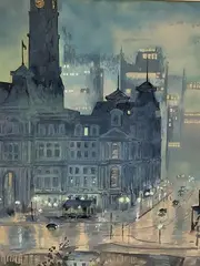 City Hall on a Rainy Night by Charles Frederick Ellis, Watercolor, sold Mar 2022