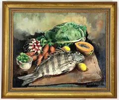 Still life with sheepshead by Manuel Komroff, Oil on board, sold Aug 2022