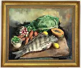 Still life with sheepshead by Manuel Komroff, Oil on board, sold Aug 2022