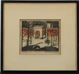 Washington Square in Winter by Emily Nichols Hatch, Woodblock print, sold Nov 2022