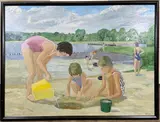 At the Beach by Peter Salmon, Oil on board, sold Nov 2022