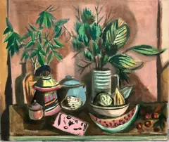 Still Life Dedicated To Le Douanier Rousseau by Frederick Childs, Oil on canvas, sold Feb 2023