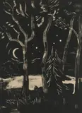 Of Island Nights - Sickle moon and Birches by Karl Schrag, 1989, lithograph, sold Nov 2020