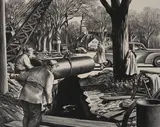 Untitled (Pipeline construction in a New England town) by Edward Arthur Wilson, 1945, lithograph, sold Nov 2020