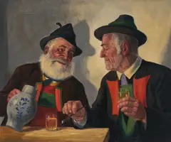 Tyrolean Drinkers by Fritz Muller, oil on canvas (unstretched), sold Nov 2020