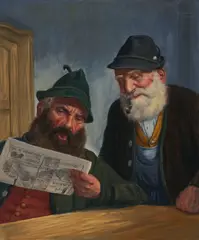 Reading the newspaper by Fritz Muller, oil on canvas (unstretched), sold Nov 2020
