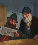 Reading the newspaper by Fritz Muller, oil on canvas (unstretched), sold Nov 2020