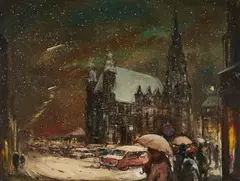 Snowfall by Antal Jancsek, oil on canvas (unstretched), sold Nov 2020