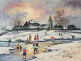 Skating in Winter by Antal Jancsek, oil on canvas (unstretched), sold Nov 2020