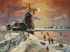 Morning Skaters by the Windmill by Antal Jancsek, oil on canvas (unstretched), sold Nov 2020