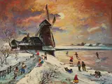 Morning Skaters by the Windmill by Antal Jancsek, oil on canvas (unstretched), sold Nov 2020