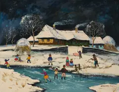 Chasing the Pig by Antal Jancsek, oil on canvas (unstretched), sold Nov 2020