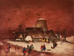 Skating on the Farm Pond by Antal Jancsek, oil on canvas (unstretched), sold Nov 2020
