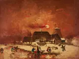 Chasing the Hogs by Skating Pond by Antal Jancsek, oil on canvas (unstretched), sold Nov 2020