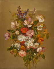Lilies, Roses and Blue Bells on Gold by Josef Konečný, oil on canvas (unstretched), sold Nov 2020