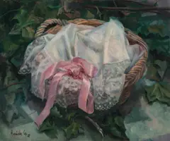 Lace Basket by Francisco Hernandez Cop, 1977, oil on canvas (unstretched), sold Nov 2020