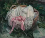Lace Basket by Francisco Hernandez Cop, 1977, oil on canvas (unstretched), sold Nov 2020
