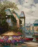 Flower Market Barge by Pierre Latour, oil on canvas, sold Nov 2020