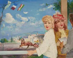 Ladies At the Races, France by Antal Jancsek, oil on canvas (unstretched), sold Nov 2020
