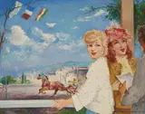 Ladies At the Races, France by Antal Jancsek, oil on canvas (unstretched), sold Nov 2020