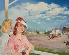 At the Races by Antal Jancsek, oil on canvas (unstretched), sold Nov 2020