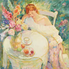 A Quiet Moment by Irene Borg, oil on canvas (unstretched), sold Nov 2020