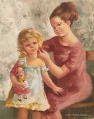 Mother and Child with Doll by Montserrat Barta, oil on canvas (unstretched), sold Nov 2020