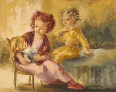 Children with Doll by Montserrat Barta, oil on canvas (unstretched), sold Nov 2020
