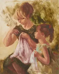 Mother and Child Sewing by Montserrat Barta, oil on canvas, sold Nov 2020