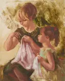 Mother and Child Sewing by Montserrat Barta, oil on canvas, sold Nov 2020