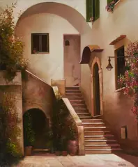 Courtyard Steps by Luigi Grassia, oil on canvas (unstretched), sold Nov 2020
