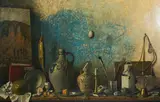 Untitled (Still life with hanging fish and egg) by Robert Knaus, oil on board, sold Dec 2020