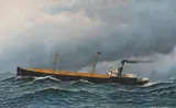Steamship Ocmulgee of the Brunswick Steamship Co. by Antonio Jacobsen, 1908, oil on board, sold Dec 2020