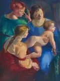 Untitled (Three women tending to a child) by Clara Klinghoffer, oil on canvas, sold Dec 2020