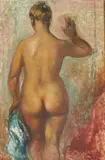 Back view of Nude (Rachel) by Clara Klinghoffer, 1957, oil on masonite, sold Dec 2020