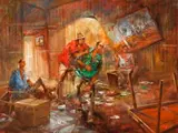 The Fight (From The Cheat Series) by Hugh Sawrey, oil on canvas, sold Apr 2019
