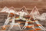Floating Figures In Mountainous Landscape by Sidney Nolan, 1962, wax crayon and fabric dye on paper on board, sold Apr 2019