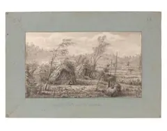 Cases De La Terre De Lewin (Géographe Bay, W.A.) by Charles Alexandre Lesueur, probably June 1801, pen and ink and graphite on laid paper a framing mount of blue-grey paper applied over the paper sheet, sold Nov 2018