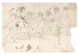 Recto: Nouvelle Hollande … Massacre D’Une Femme Par Les Sauvages (Aboriginal Woman Being Competed For By Two Rival Groups Of Aboriginal Men, With Five Figures O by Nicolas-Martin Petit, prior to 1804, pen and ink on laid paper watermarked “Bugden 1801”, offered Nov 2018