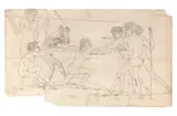 Recto: (Aboriginal Woman Being Competed For By Two Rival Groups Of Three Aboriginal Men) by Nicolas-Martin Petit, prior to 1804, pen and ink on laid paper watermarked “Budgen 1801”, sold Nov 2018