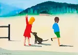 Children And Dog Playing – Glasshouse Mountains by Charles Blackman, 1974, oil on paper on board, sold Nov 2018