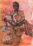Boy With Fighting Cock by Donald Friend, 1975, pen and ink and gouache on paper on composition board, sold Nov 2018